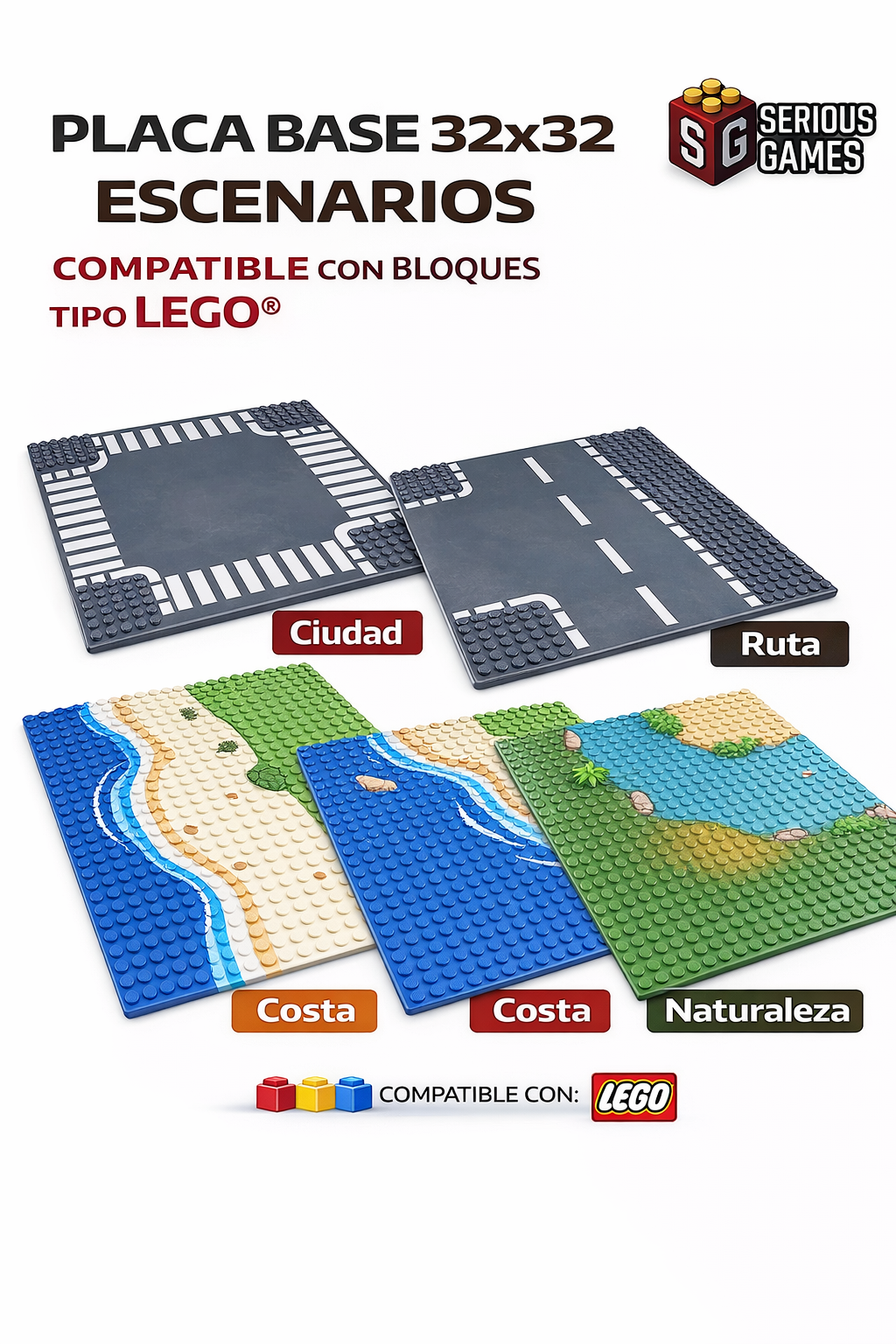 Placa Base 32x32 Compatible LEGO con Escenarios – Ciudad, Carretera, Río y Playa