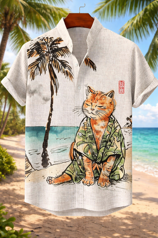 Camisa Gato Kimono en la Playa – Estampado 3D