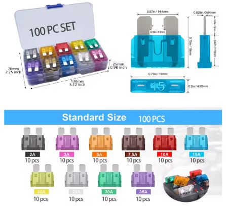 Kit 100 Uds Fusibles Estándar Cuchilla Automotriz 2A‑35A