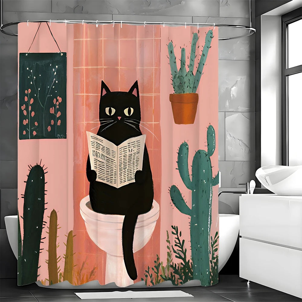 El Gato en el Baño · Cortina de Ducha Decorativa